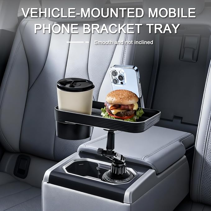 Vehicle-Mounted Multifunctional Water Cup Holder Tray Black Adjustable Cup Holder Dining Plate Expandable Bracket Storage Space-Saving (Tray + Phone Stand)