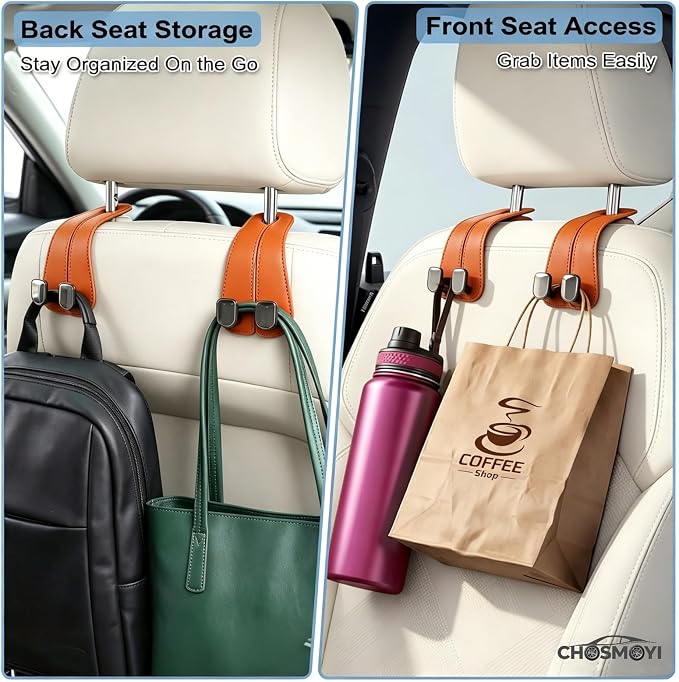 CHOSMOYI 2 Packs Car Seat Hooks, Leather Car Headrest Hook, Car Purse Hook Seat Back Hanger Storage Organizer, Car Hook for Purses and Bags(Burnt Orange)
