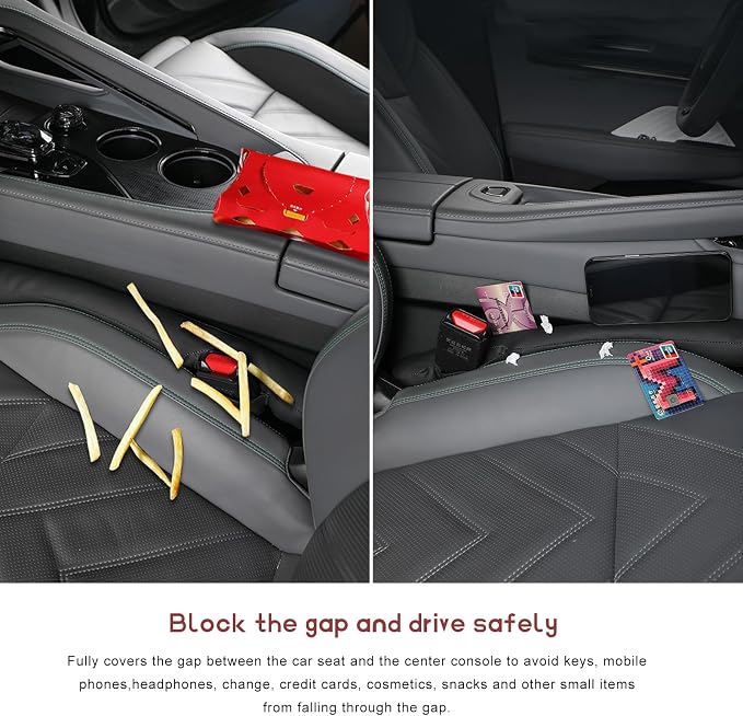 2 PCS Leather Car Seat Gap Filler, No-Drop Seat Guard Crevice Plug Blocker with Securing Strap, Universal Vehicle Gap Catcher Stop Things from Dropping, Car Accessories (Black)