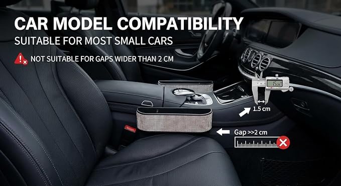 Bling Bling Car Seat Organizer Front Seat Gap Filler with Crystal Rhinestones Diamond, PU Leather Car Seat Console Storage Organizer for Car Accessories (Silver)