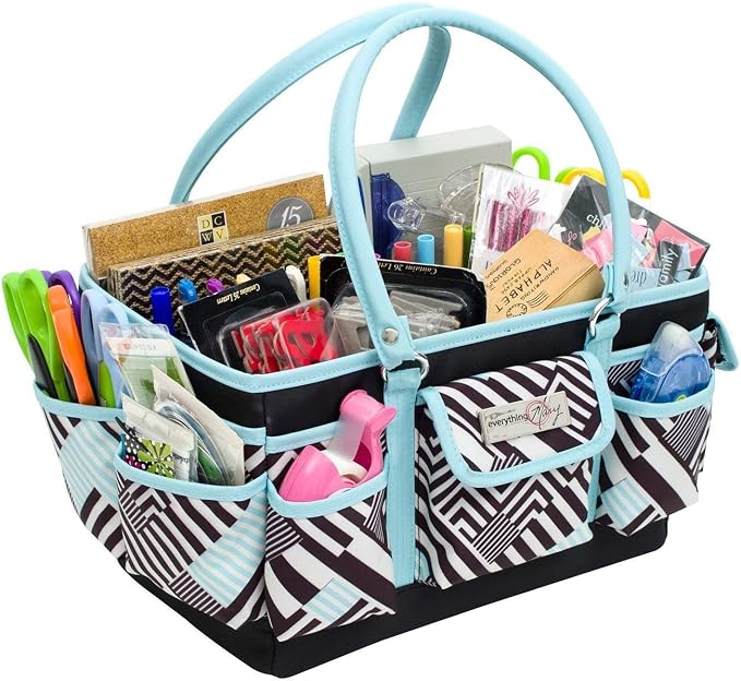 Everything Mary Teal Geometric Deluxe Store and Tote - Storage Organizer Bag for Crafts, Sewing, Paper, Art, Desk, Canvas, Supplies Storage Organization - Travel Art Box with Handle