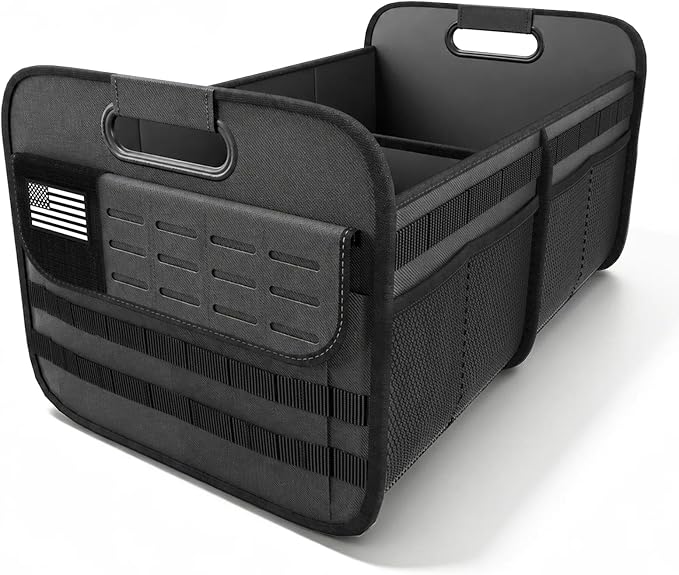 Sposuit Car Trunk Organizer for SUV - 65L Collapsible Tactical MOLLE Car Storage with Reinforced Handles & Multiple Pockets, Sturdy Trunk Organizers for Groceries, Tools & Outdoor Storage (Black)