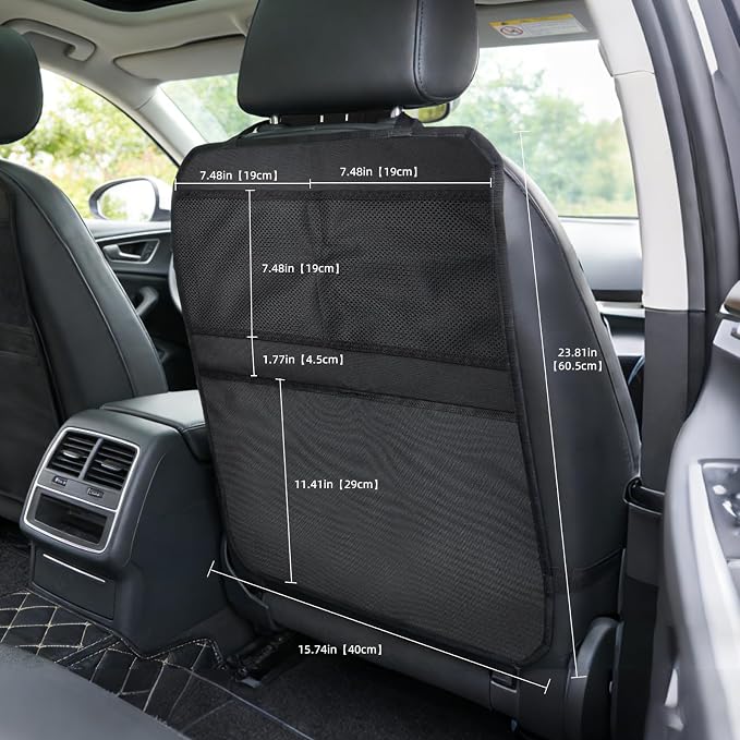 Back Seat Cover for Kids – 2 Mesh Pockets + 1 X-Large Storage Organizer, Waterproof Car Seat Back Protector for Vehicles, Protects Upholstery from Dirt, Mud & Scratches, Black (1)
