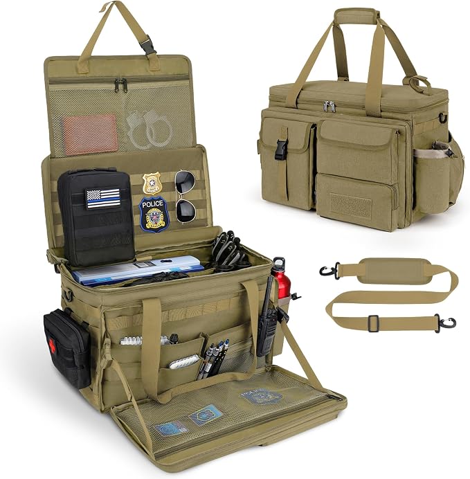 Patrol Bag Law Enforcement Police Gear Bag, Car Front Seat Organizer Tactical Officer Duty Bags, Police Car Accessories for Passenger Seat, Multiple Compartment Removable Shoulder Strap, khaki