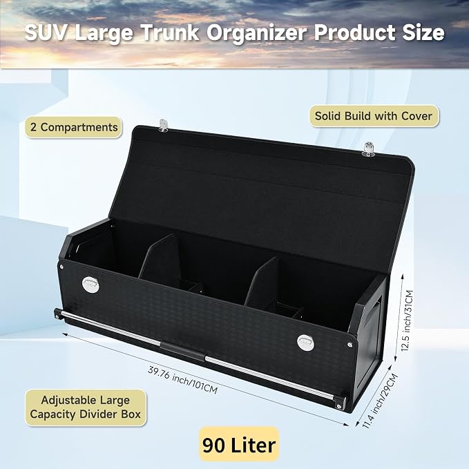 SUV Trunk Organizers, Sturdy Leather Trunk Storage Organizer with Lid & Push-pull Handle, Large Capacity Waterproof Cargo Storage Box for BMW Audi Civic Sedan (39.7 x 11.4 x 12.2in)