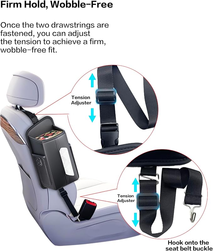 Car Tissue Holder for Front Seat, Headrest Organizer with 2 Side Mesh Pockets for Phones & Cards, L-Square Tissue Box Cover Holds 150 Tissues, Durable PU Leather