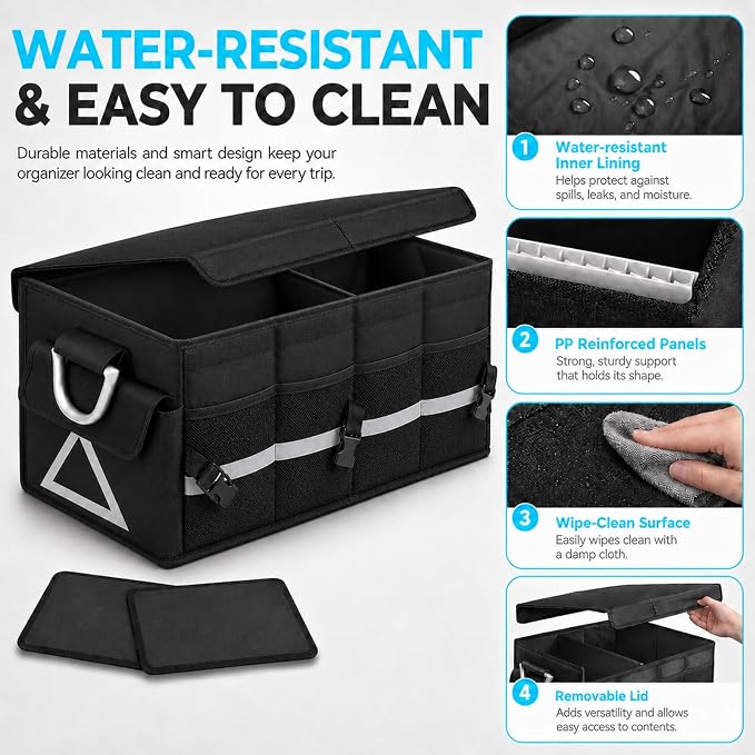 Car Trunk Organizer with Lid, Collapsible SUV Trunk Organizer, Foldable Cargo Organizer with 4 Compartments, Non-Slip Bottom, Securing Straps, Large Capacity Storage Bag for SUV Truck Van, Black
