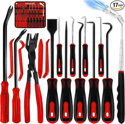 17Pcs Hook and Pick Tool Set with Scraper Auto Clip Removal Plier Fastener Remover Rivets Puller Mechanic Car Trim Removal Tool Kit Gasket Telescoping Magnetic Pickup Hand Automotive Tools (Red)
