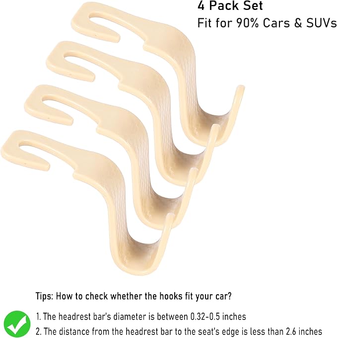 Car Seat Headrest Hook Universal Vehicle Seat Hook Hangers Interior Storage Organizer for Purse Handbag Coats Umbrellas Grocery Bags 4 Pack Beige