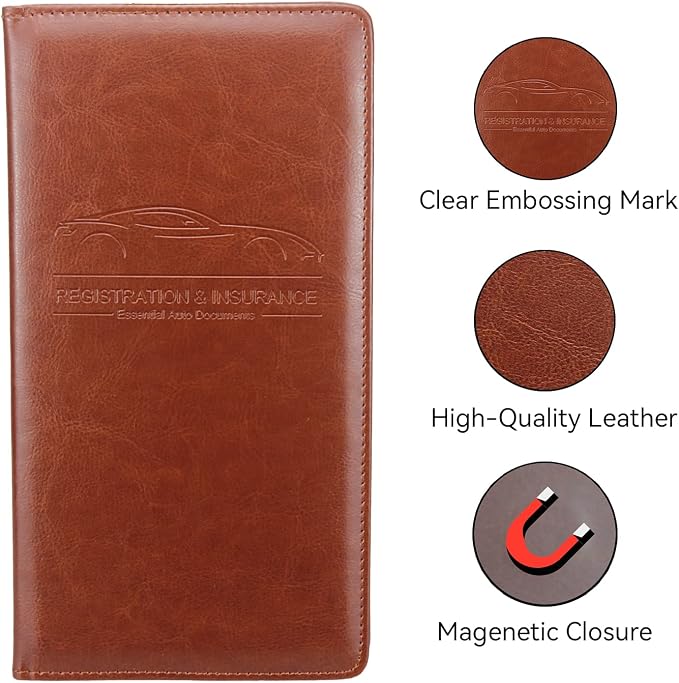 Car Registration and Insurance Holder, Premium Pu Leather Vehicle Glove Box Organizer - for Driver License, Cards & Essential Documents (L-Brown)