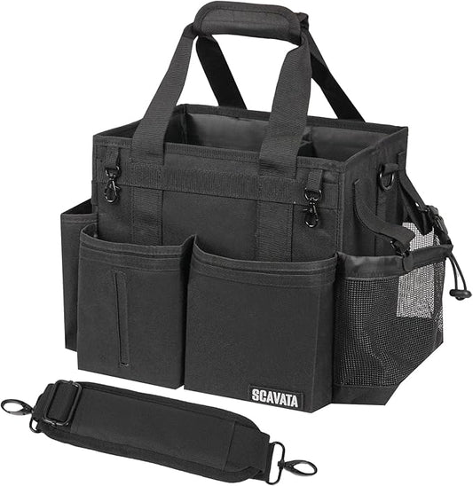 SCAVATA Compact Wearable Cleaning Caddy, Small Supplies Organizer with Handle & Shoulder Straps for Housekeepers, Under Sink & Car Cleaning Tool Organizer Bag (Black)