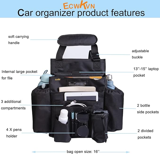 ECWKVN Car Front & Back Seat Organizer with Dedicated Tablet/Laptop Compartment, Passenger Seat File Storage with Cup Holder, Adjustable Backrest, and Padded Shoulder Strap