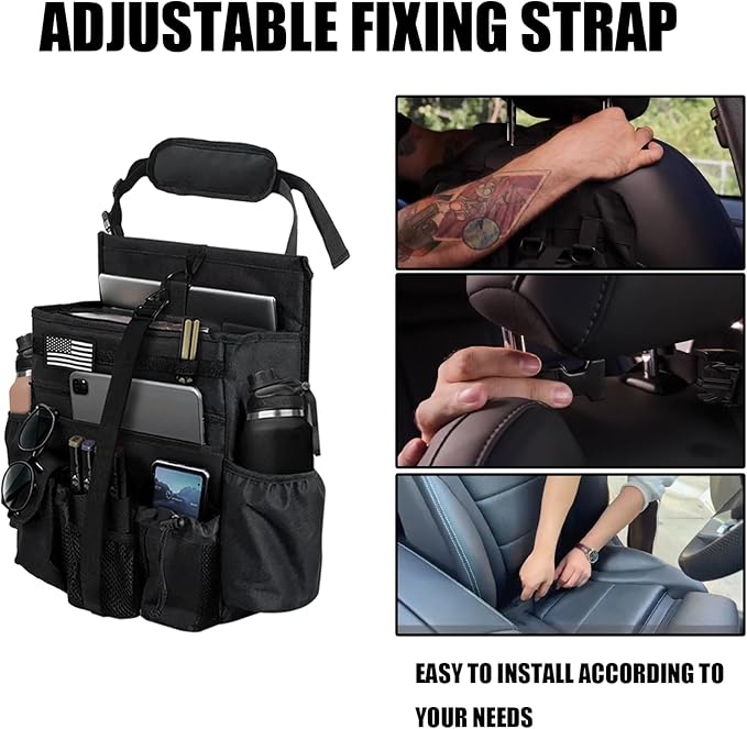 Front & Seat back organizer with dedicated tablet and 15.6 IN laptop storage stabilizers external stabilizing side straps soft adjustable shoulder straps hardened buckle (Black)