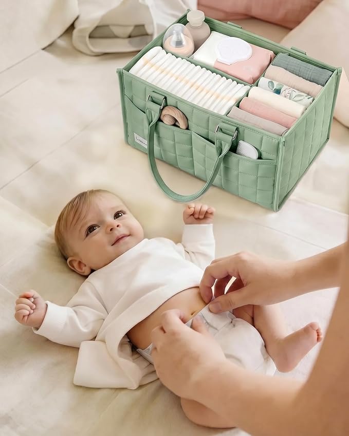 Baby Diaper Caddy Organizer, Portable Nursery Storage Basket with Handle for Newborn Boy or Girl, Gift for Baby Shower Essentials, Registry Must Have Bag, Caddie Car Organizer, Light Green