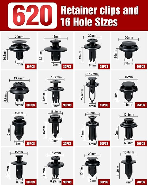 635PCS Automotive Retainer Clips& Trim Removal Tools,16 Universal Sizes Push Type Rivets Fasteners,Door Panel Clips with 10 Cable Ties for Ford, Toyota, Chevy, Honda