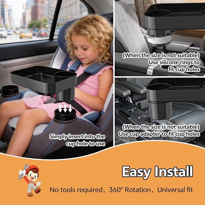 2PCS Car Seat Snack Tray for Kids Toddler Travel,Cup Holder Expander for Car,Toddler Travel & Road Trip Accessory for Mess-Free Snacking in The Car (Black)