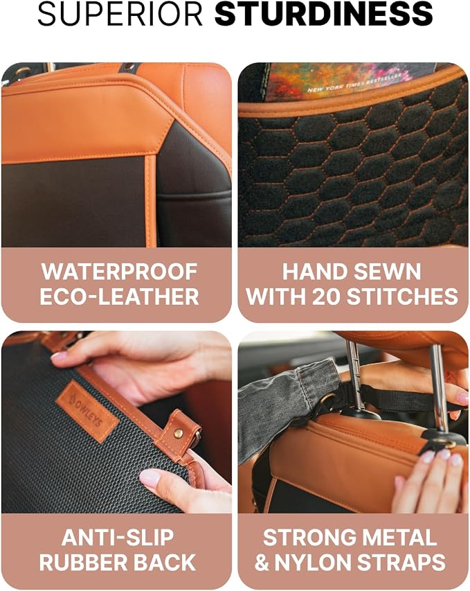 Owleys Back of Seat Organizer for Kids | Car Storage Caddy – 8 Pockets + Transparent Tablet Holder | Waterproof Eco-Leather | 27.5' x 18.5' | Brown+Black