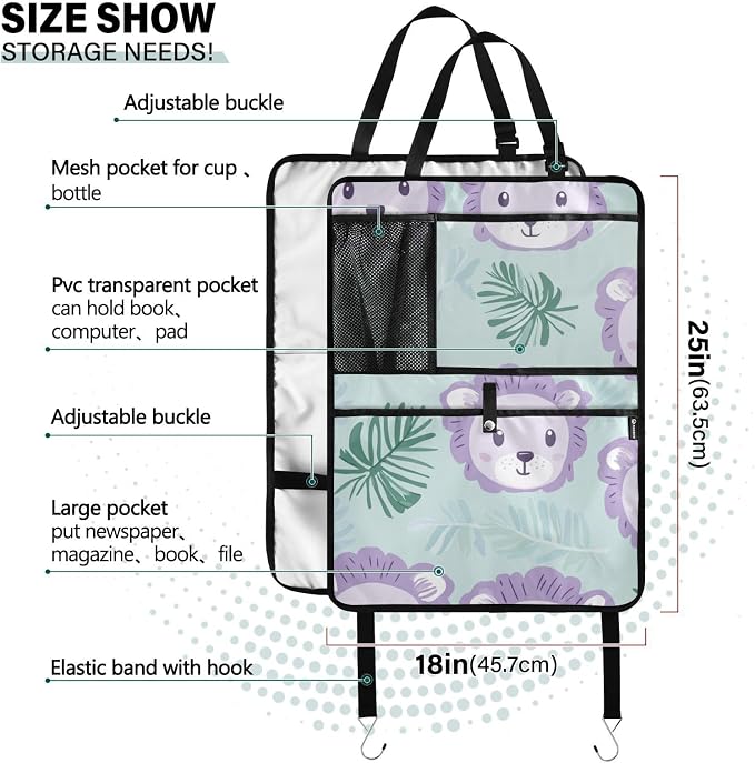 Cute Green Lion and Palm Leaves 1 Pack Backseat Car Organizer with Storage Pockets Seat Back Organizers for Kids Kick Mats Backseat Protector Automotive