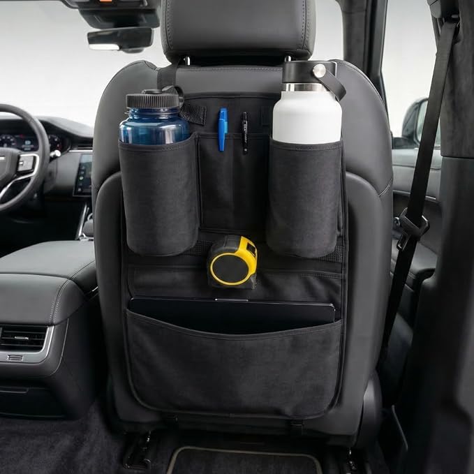 Swigzy Premium Seat Back Organizer Water Bottle Holder & Kick Mat Protector | Large Water Bottle Holders, Cordura Nylon, Laptop Pocket, Sag-Free Adjustable Fit