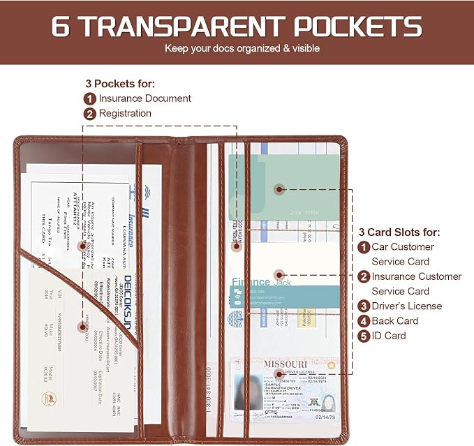 JUSTTOP 2Pack Car Registration and Insurance Holder,Car Document Holder for Cards License with Magnetic Shut,Vehicle Glove Box Car Organizer for Documents, Cards, License(Brown)