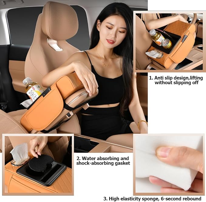 Car Armrest Cushion,5-in-1 Center Console Cover with 2 Storage Bags Cup Holder, Tissue Box Slot, Phone Slot for Sedans, Car Accessories Interior Organizers (Pink)