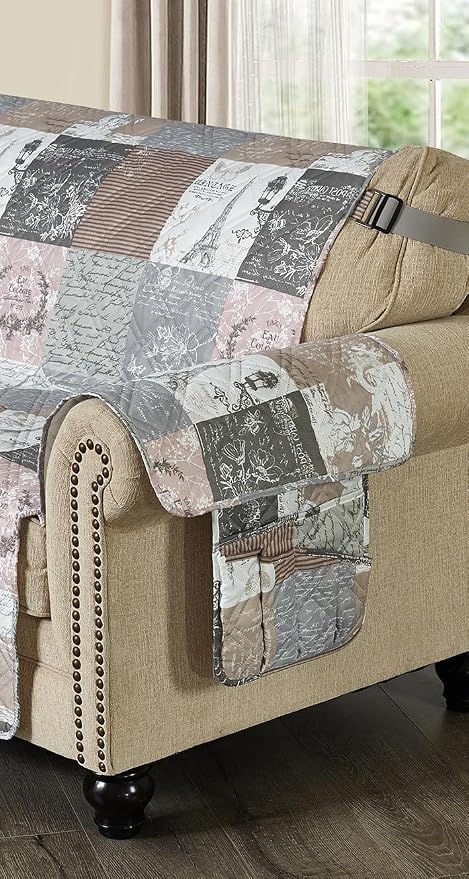 Brilliant Sunshine Latte Grey Paris and Toile Patchwork Couch Armrest Organizer, Non Slip Armchair Caddy for Sofa Recliner, Washable Remote Control Holder, Storage for Magazine, Phone, iPad(35"×13")