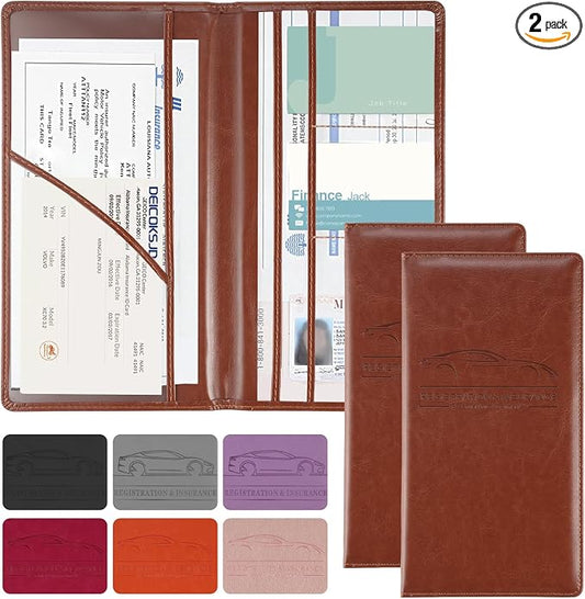 JUSTTOP 2Pack Car Registration and Insurance Holder,Car Document Holder for Cards License with Magnetic Shut,Vehicle Glove Box Car Organizer for Documents, Cards, License(Brown)