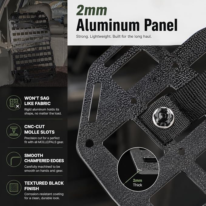 Metal MOLLE Seat Back Panel, 1 Seat Kit, 2mm Aluminum Vehicle Organizer for Most Standard Seat Backs, No-Drill Strap Mount, Compatible with Many MOLLE/PALS-Style Accessories