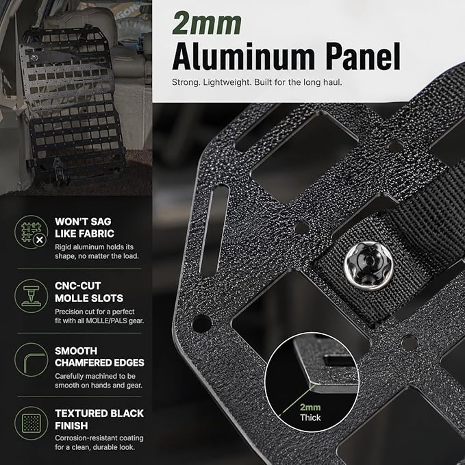 V2 Pro MOLLE Seat Back Panel, 2mm Aluminum Truck Seat Organizer, Anti-Rattle Headrest Mount, MOLLE/PALS Gear Rack for Full-Size Trucks & SUVs, 1 Seat Kit