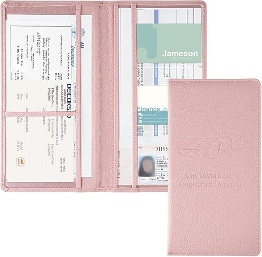 JUSTTOP 2Pack Car Registration and Insurance Holder,Car Document Holder for Cards License with Magnetic Shut,Vehicle Glove Box Car Organizer for Documents, Cards, License(Embossed leather Pink)