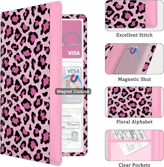 Car Registration and Insurance Holder, with Magnetic Closure for License, Cards and Documents, All Vehicle Needs and Car Accessories (Leopard-Pink)