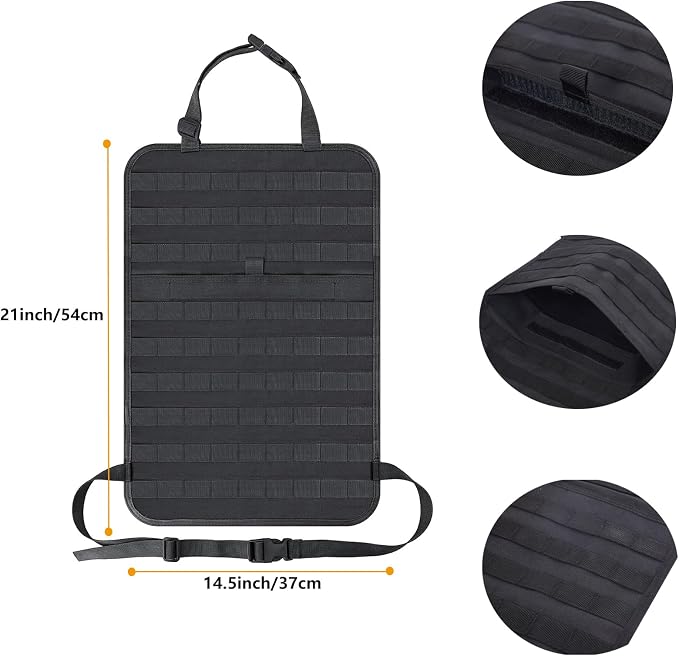 tactical car seat back organizer and storage truck seat covers with a Molle Vehicle Panel and 5 Different Size Molle Pouches for most models such as Jeep,SUV,Pickup(Black)