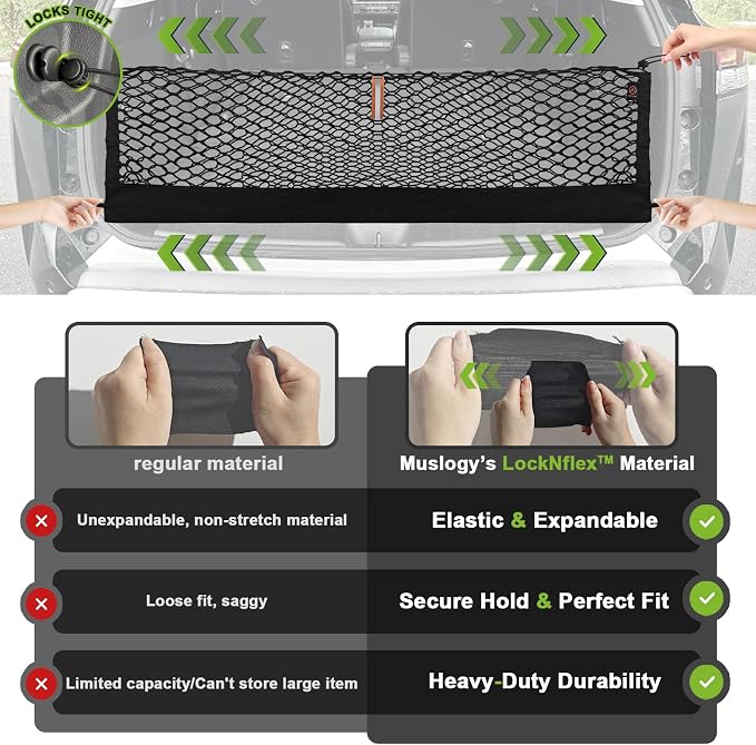 Muslogy Truck Bed Cargo Net Trunk Netting Compatible with 2022-2025 2026 Jeep Grand Cherokee WL (2-Row) Accessories, Pickup Cargo Organizer SUV Sedan Storage Net w/Heavy Duty Carabiners