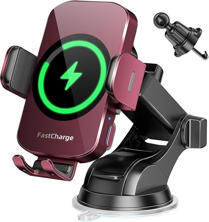 BothLin 3-in-1 Wireless Car Charger Mount, 15W Fast Charging Auto-Clamping Phone Holder for iPhone 17 16 15 14, Samsung Galaxy S24 S23, Dashboard, Vent & Windshield Car Mount(Deep Red)