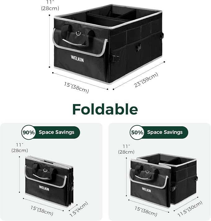 WELKIN 15GAL/60L Car Trunk Organizer with Lid & Dividers - Heavy Duty Collapsible Storage Organizer for SUV Sedan Truck - Waterproof Foldable Cargo Organizer for Groceries, Camping, Travel Accessories