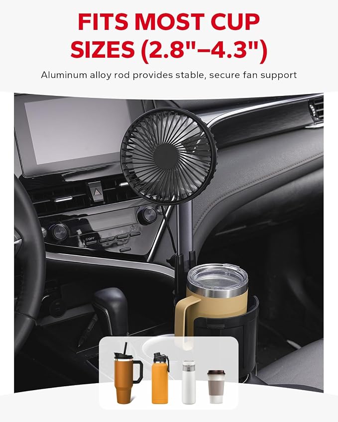 Amazicha 3-Speed Car Fan Cup Holder-2 in 1 360° Rotation Cupholder Fan, Expandable Base, USB Car Fan Cup Holder for Car Vehicle Van RV Truck