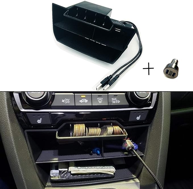 Waterproof ABS Plastic Caddy for Honda Civic Sedan 10th Gen Central Console Box Coins Trays Organizer with USB Extension Cable - Fits 2016-2021