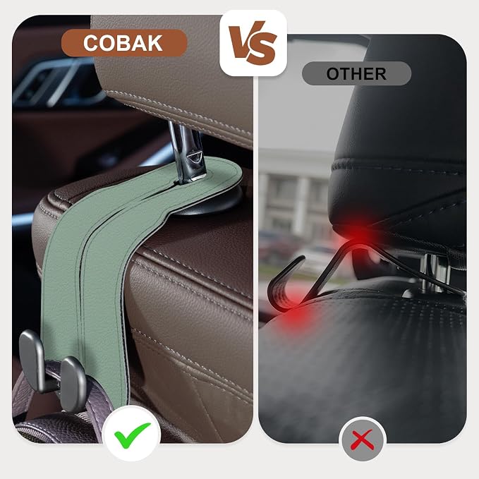CoBak Purse Hook for Car - Universal Premium Stitched Leather and Aluminum-Magnesium Alloy Double Car Seat Back Storage Hook for Purses, Handbags, Bags (2 Pack),SageGreen