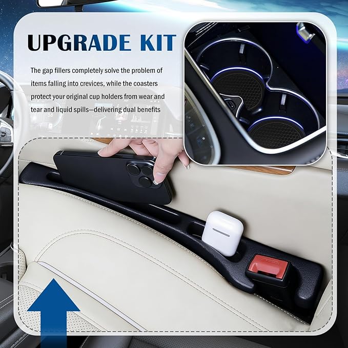 Upgraded Car Seat Gap Filler Organizer Set with Non-Slip Car Coasters,in Between Car Seat Catcher with Dual Slot,Flexible Seats Gap Filler Strip for Filling Gaps & Storing Items