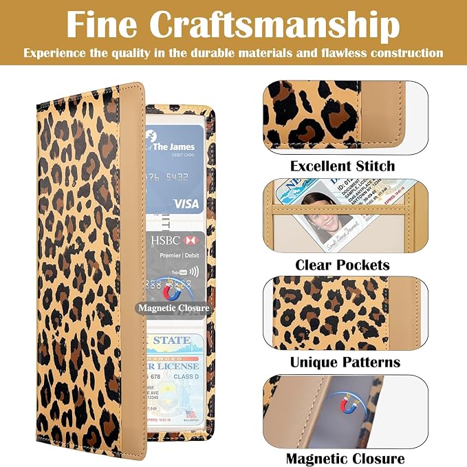 Car Registration and Insurance Holder with Magnetic Closure, Universal Document Organizer for License, Insurance Cards & Glove Box Storage (Leopard-Brown)
