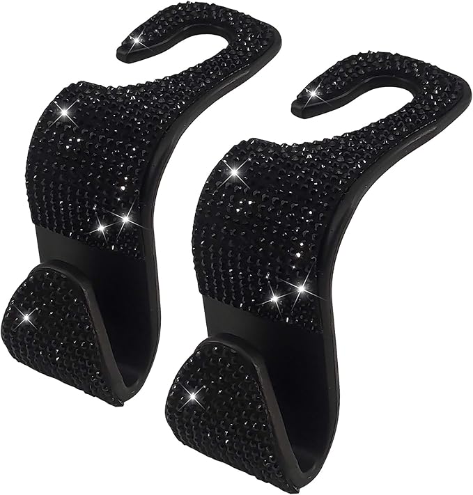 Dermasy® 2 Pack Car Hooks, 2021 New Bling Rhinestones Crystal Hooks Car Decorations Auto Seat Back Organizers Strong and Durable Backseat Hanger Storage Universal for SUV Truck Vehicle (Black)