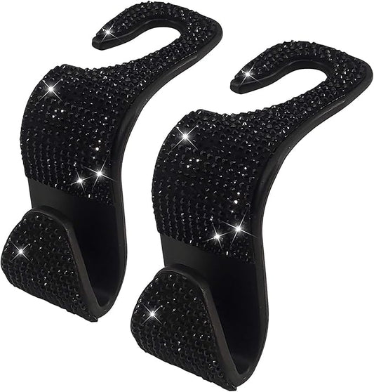 Dermasy® 2 Pack Car Hooks, 2021 New Bling Rhinestones Crystal Hooks Car Decorations Auto Seat Back Organizers Strong and Durable Backseat Hanger Storage Universal for SUV Truck Vehicle (Black)
