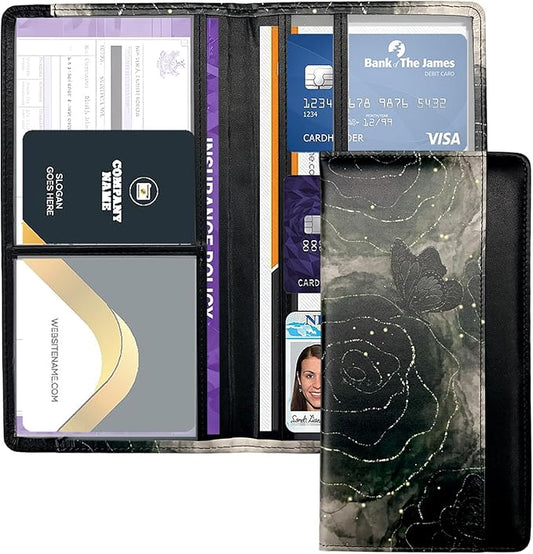 Car Registration and Insurance Holder with Magnetic Closure, Universal Document Organizer for License, Insurance Cards & Glove Box Storage (Butterfly Rose-Black)
