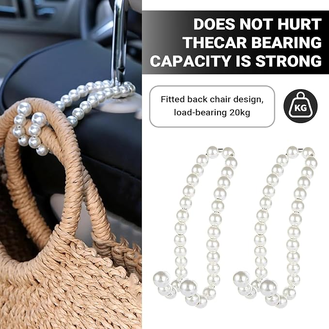 2 PCS Car Seat Headrest Hooks, Cute Pearl Car Purse Hook, Stainless Steel Auto Seat Backrest Storage Hook, Universal Automotive Interior Organizer Accessories for Women Girls (White)