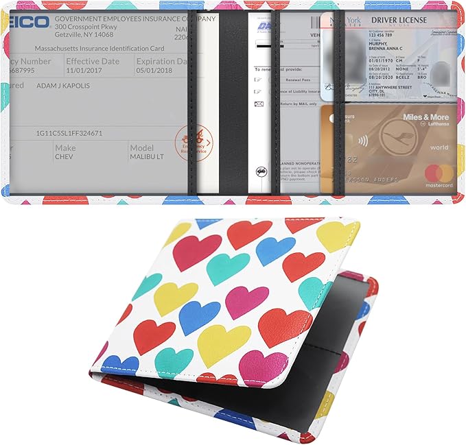 LumiMokki Car Registration and Insurance Holder, Leather Registration and Insurance Card Holder, Vehicle Glove Box Organizer - For Documents, Cards, License (Heart symbol)