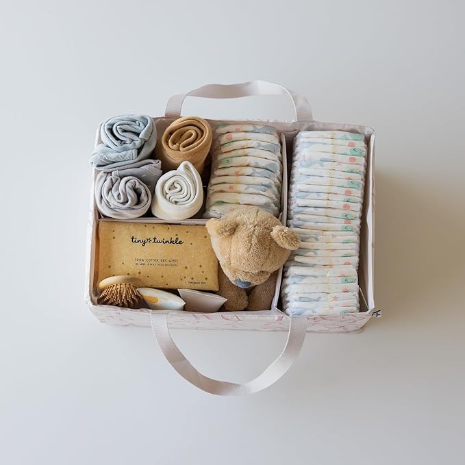 Tiny Twinkle Diaper Caddy Organizer – Foldable Baby Storage Basket with Removable Divider | Waterproof & Mess-Proof Fabric, Portable Nursery Organizer for Newborn Essentials(Bows)