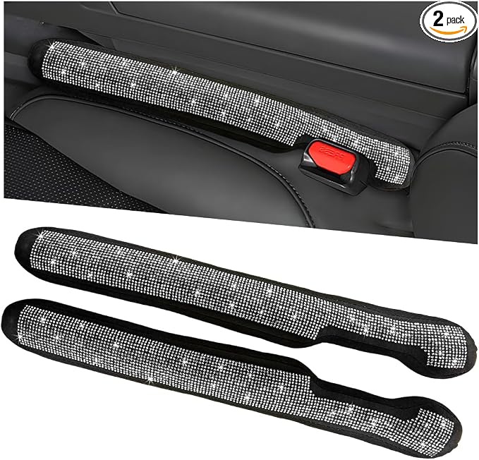 2PCS Bling Car Seat Gap Filler, Sparkling Rhinestone Side Seat Gap Blocker Stop Things from Dropping, Soft Foam Car Truck Filler Blocker Fill The Gaps Between Seats and Console (White)