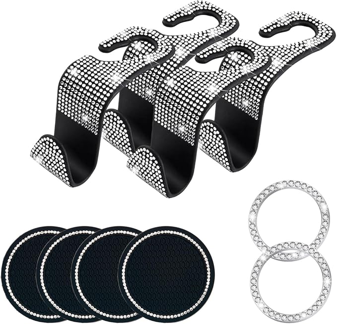 10 Pcs Bling Car Interior Accessories - Universal Headrest Hooks, Start Button Rings, Coasters and Cup Holder Inserts