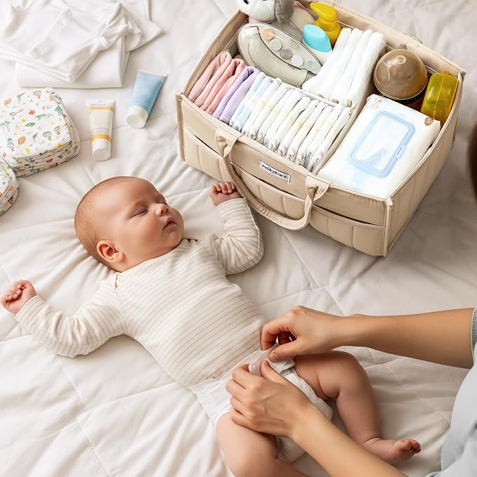 POIKSHARK Baby Diaper Caddy - Stylish Basket for Newborn Essentials, Nursery Storage Bin and Car Organizers for Diapers and Wipes, Gift for Baby Shower, Cream