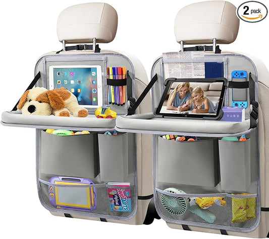 Car Backseat Organizer with Tablet Holder, 6 Storage Pockets Foldable Table Food Tray Seat Back Protectors Kick Mats Travel Accessories, 2 Pack Grey